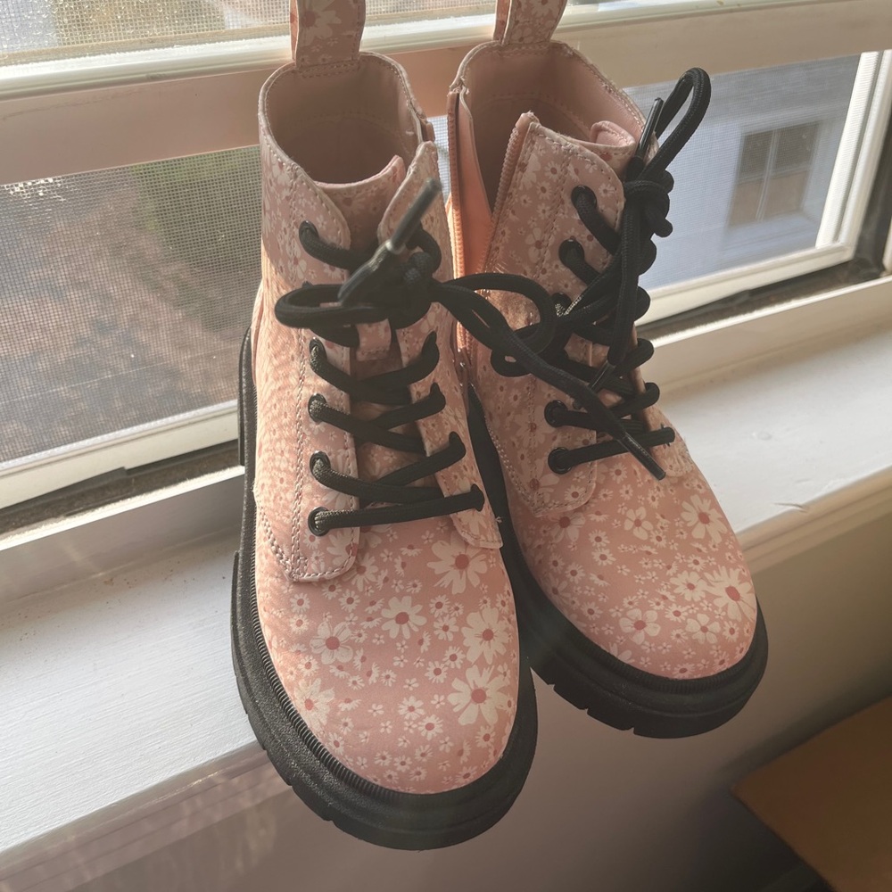 Pink Floral Lace-Up Combat Boots